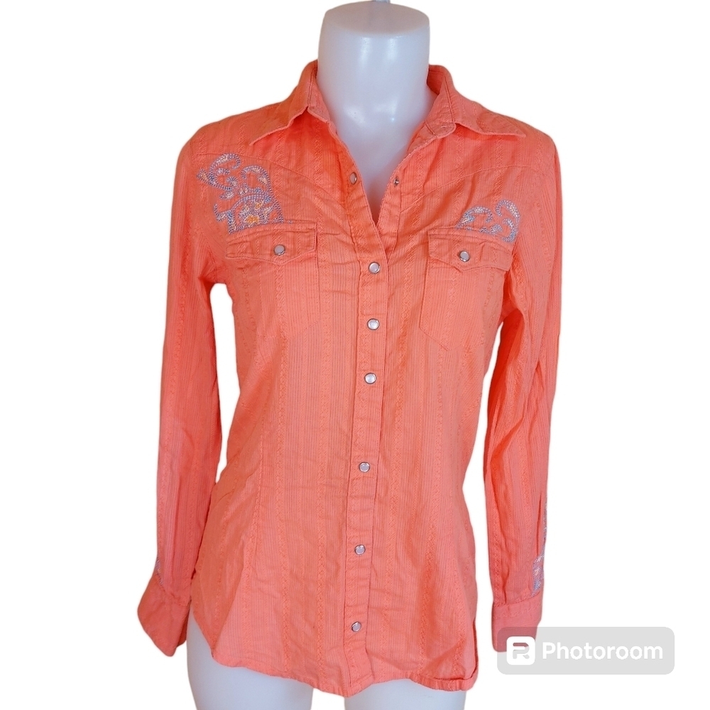 Wrangler Pearl Snap Western Long sleeve Shirt Embroidered Salmon XS